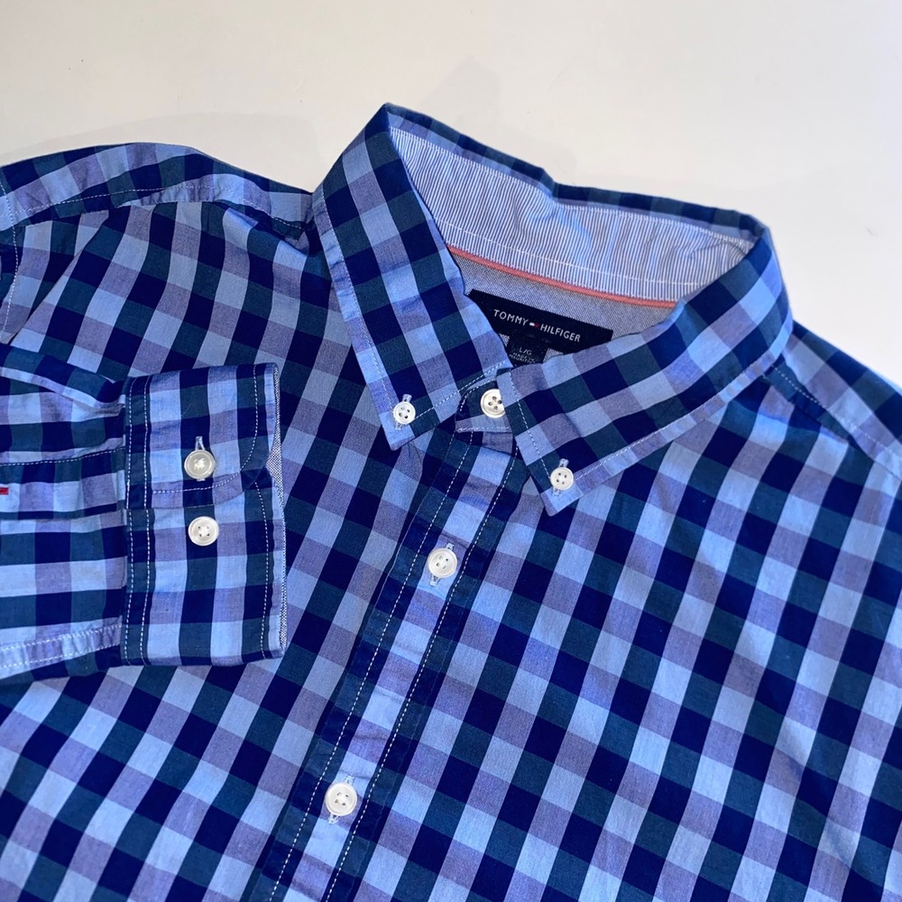 Tommy Hilfiger Mens Custom Fit Blue Gingham Button Down Shirt Large Long Sleeve
